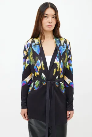 Black & Multi Feather Print Belted Cardigan