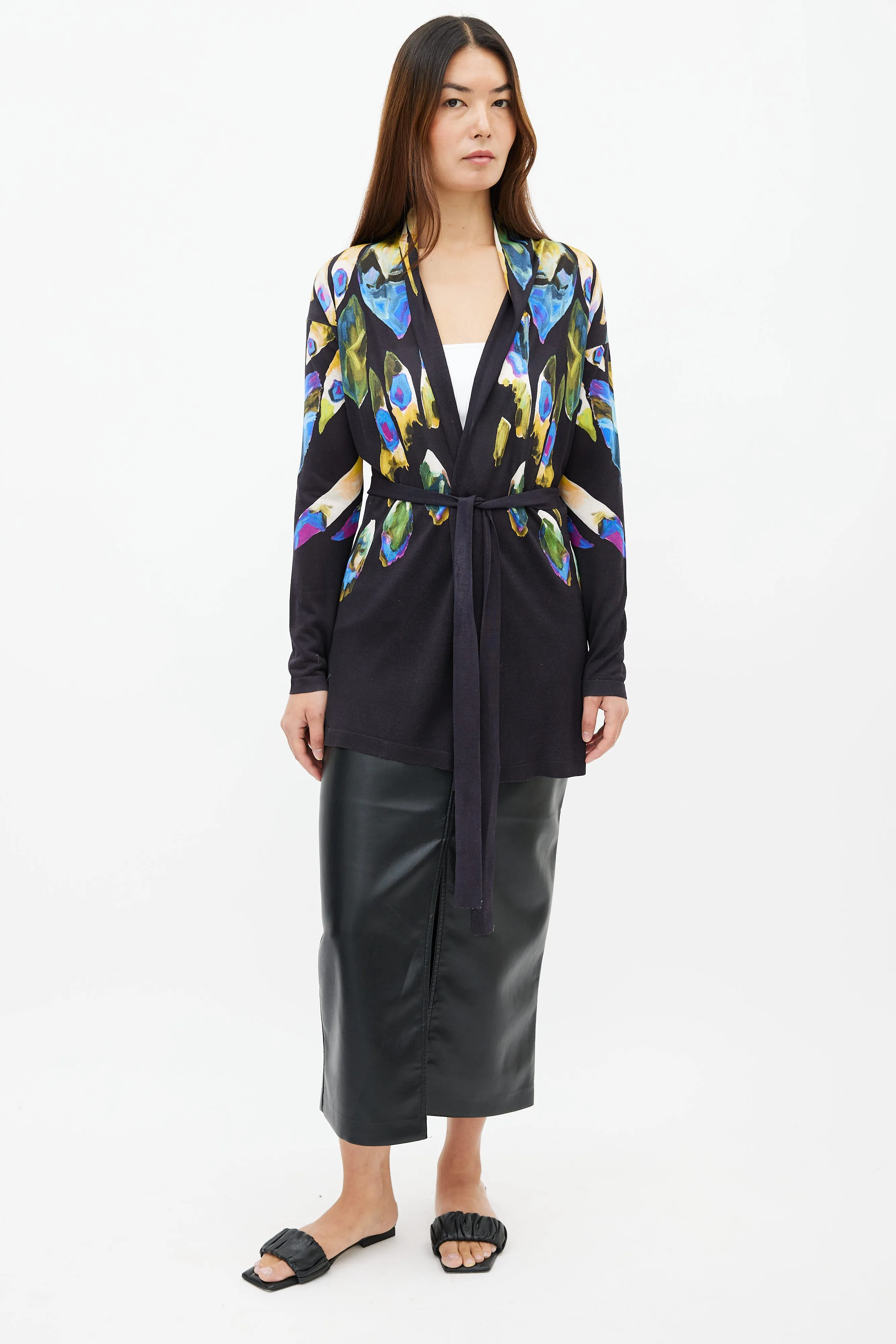 Black & Multi Feather Print Belted Cardigan