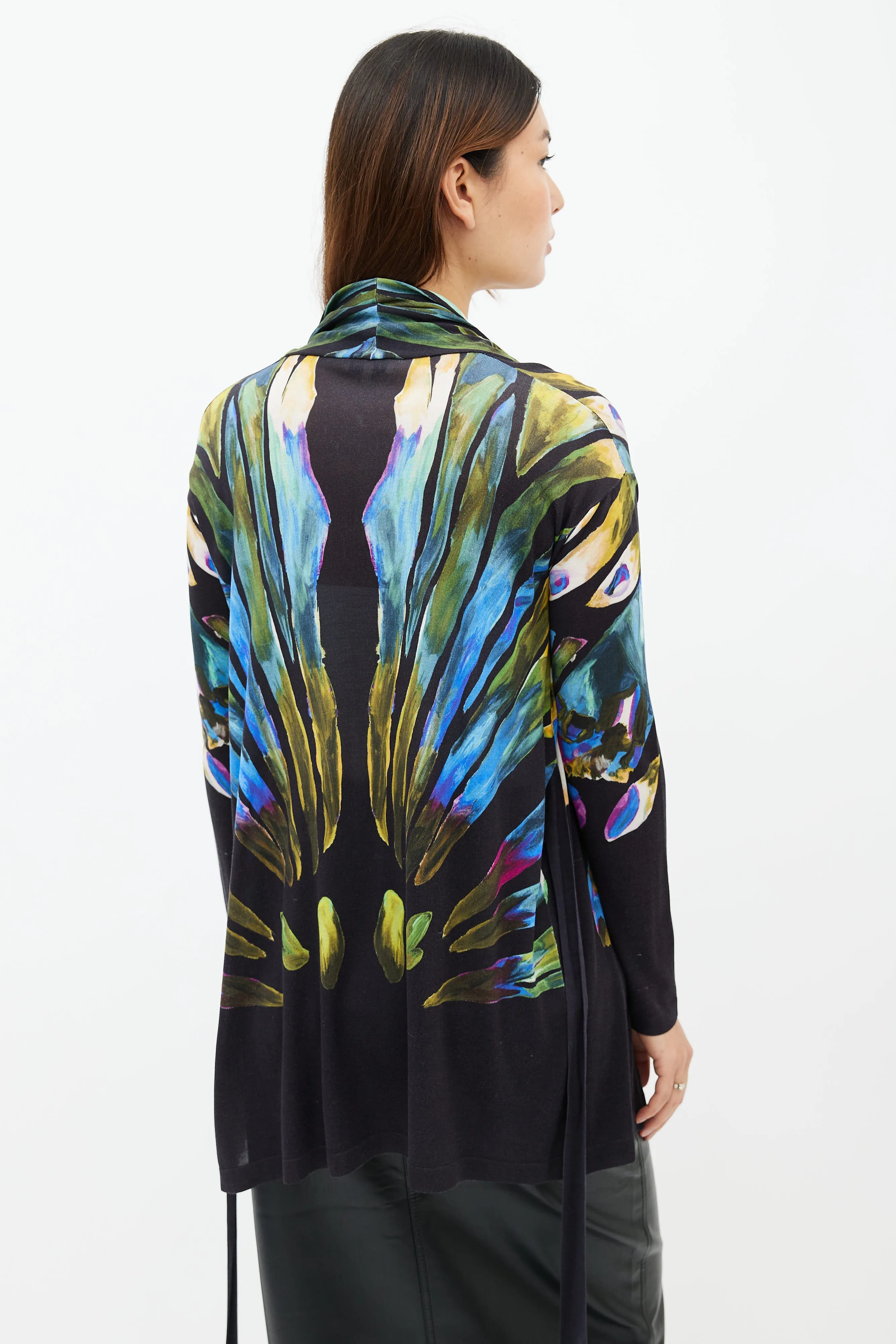 Black & Multi Feather Print Belted Cardigan