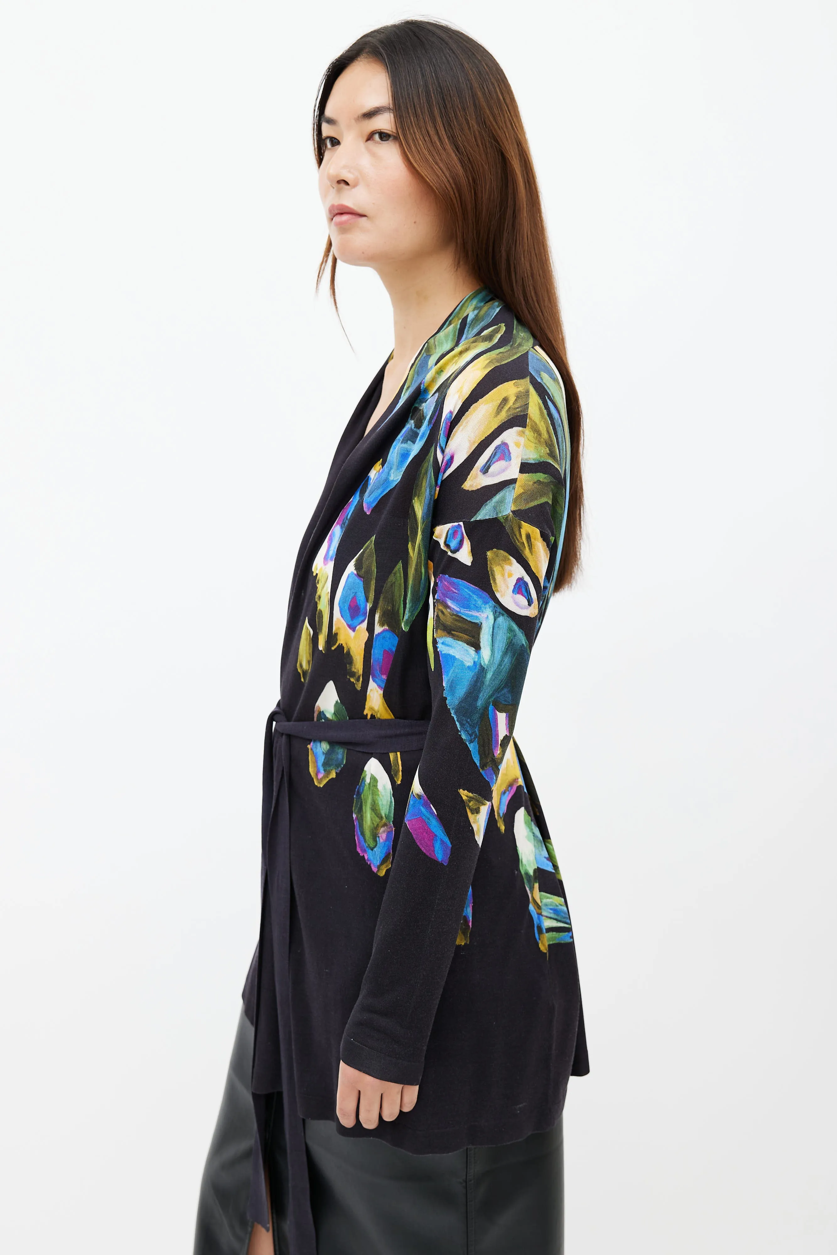 Black & Multi Feather Print Belted Cardigan