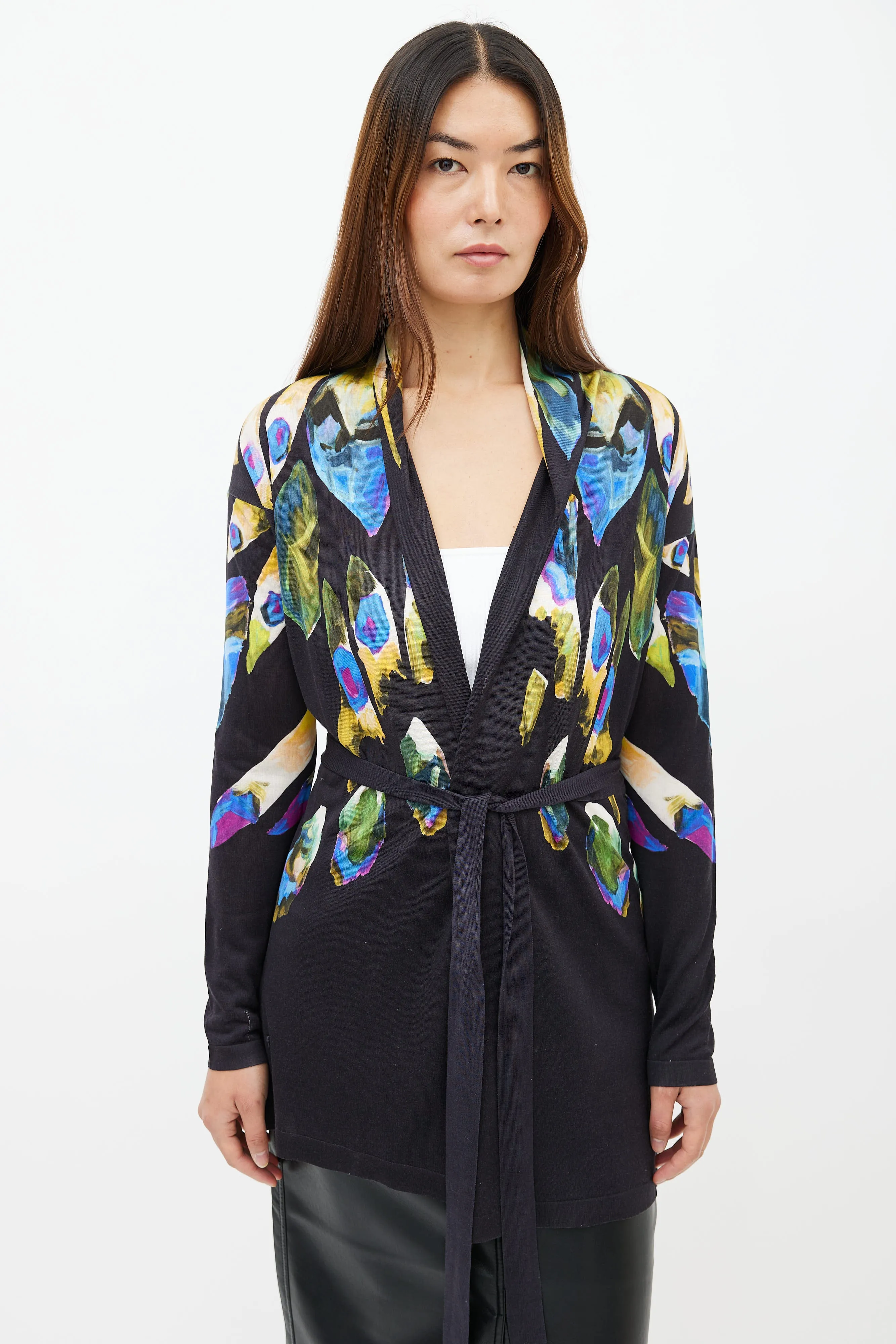 Black & Multi Feather Print Belted Cardigan