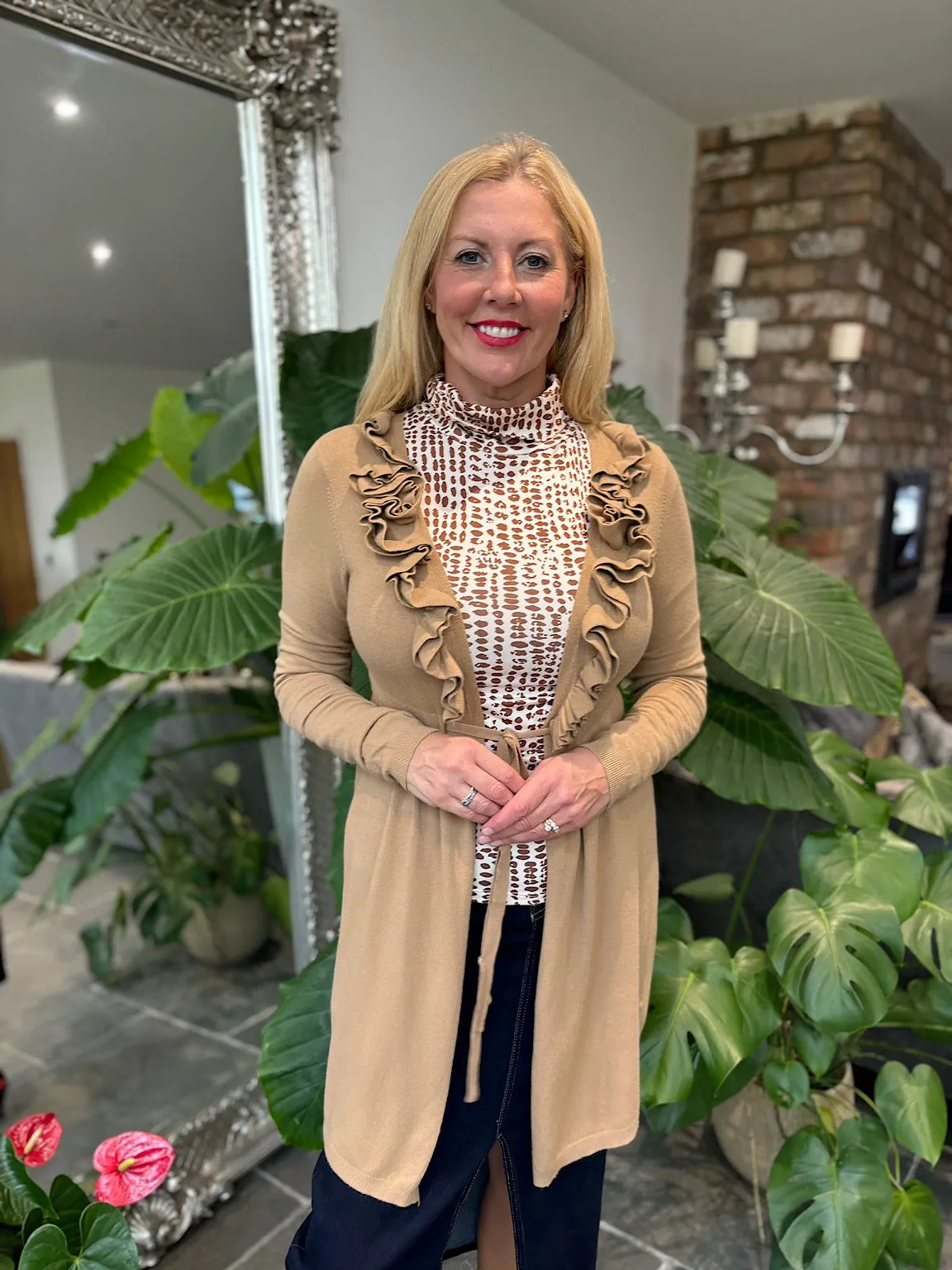 Camel Ruffle Belted Cardi Bella