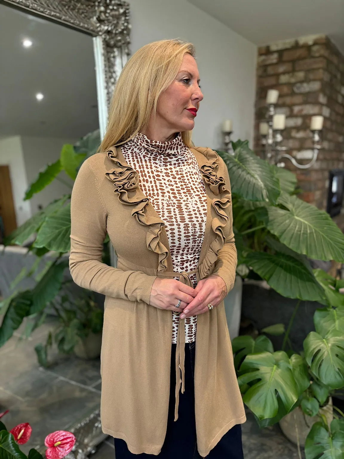Camel Ruffle Belted Cardi Bella