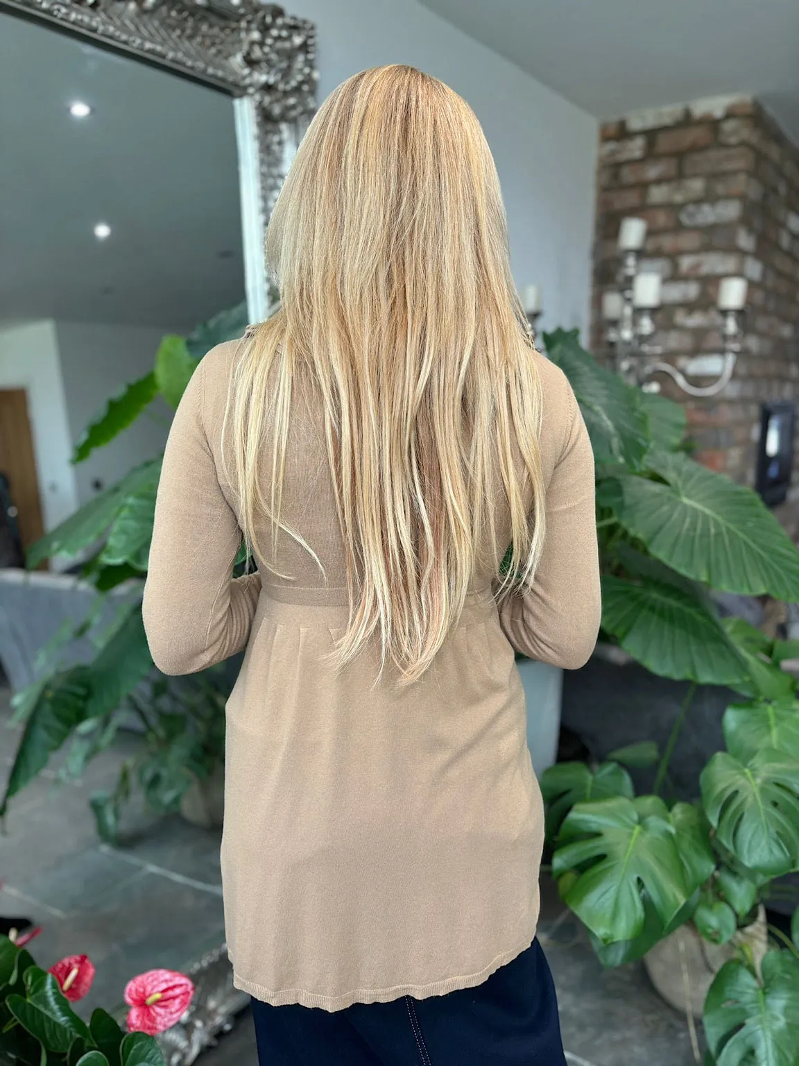 Camel Ruffle Belted Cardi Bella