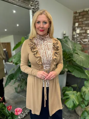 Camel Ruffle Belted Cardi Bella