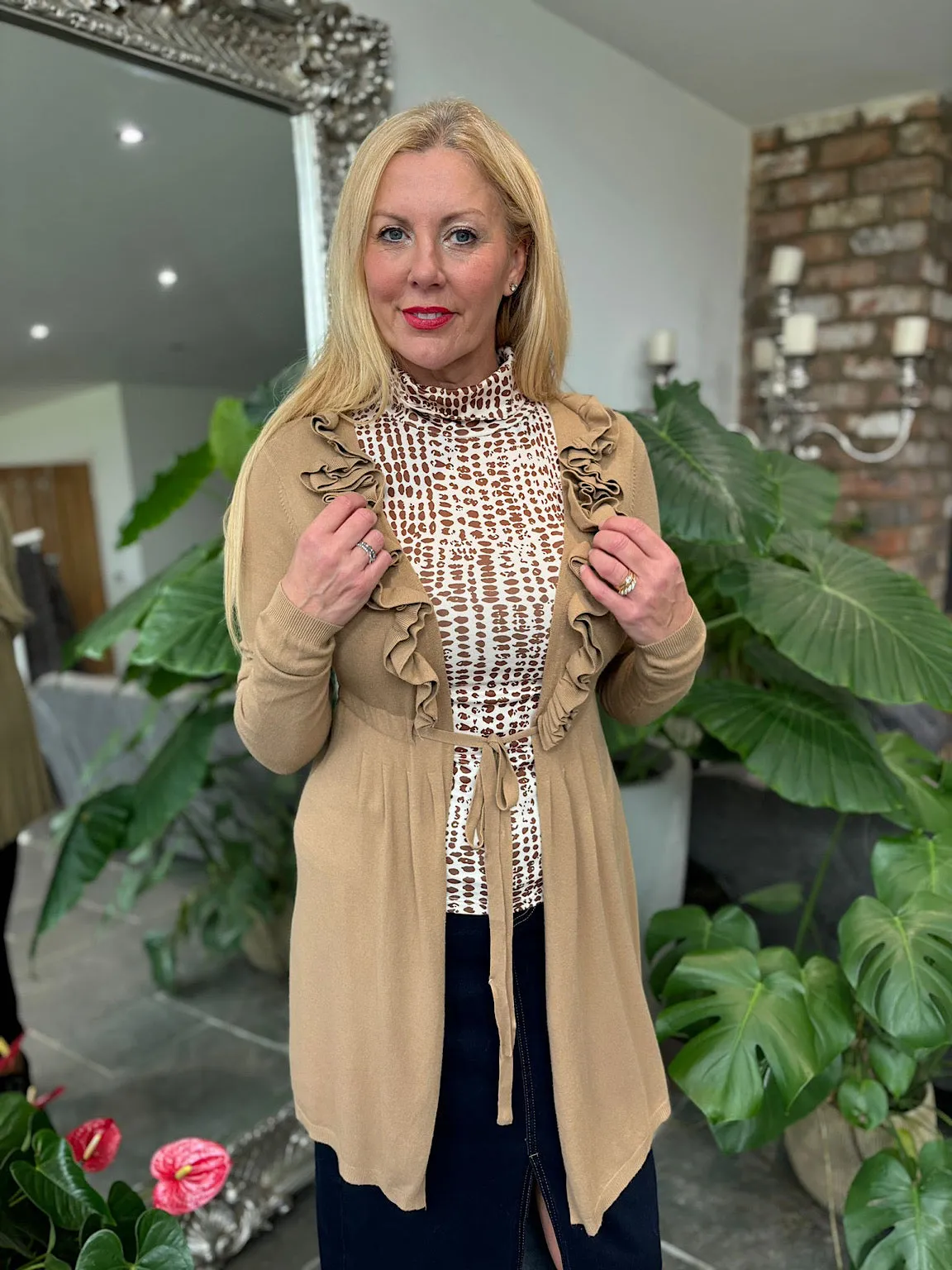 Camel Ruffle Belted Cardi Bella