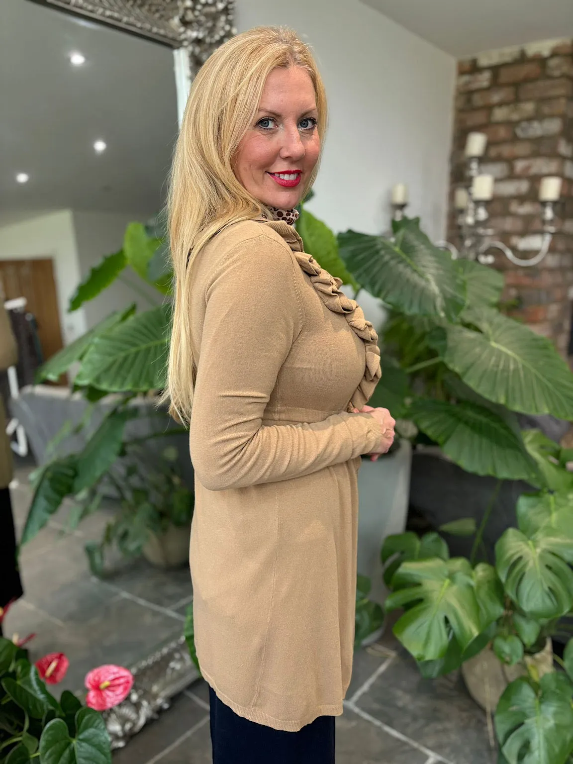 Camel Ruffle Belted Cardi Bella