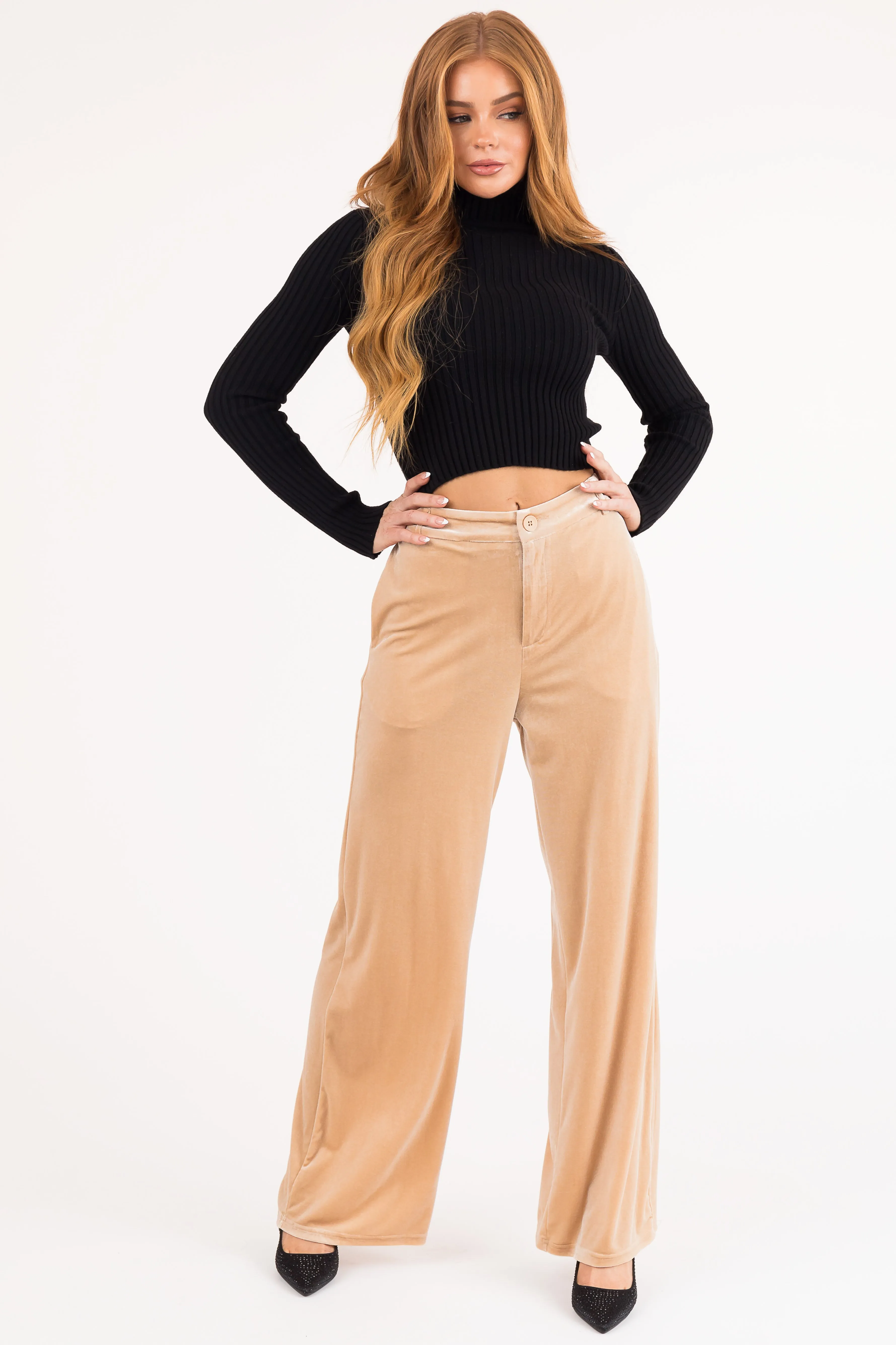 Champagne Velvet Wide Leg High Waisted Pants