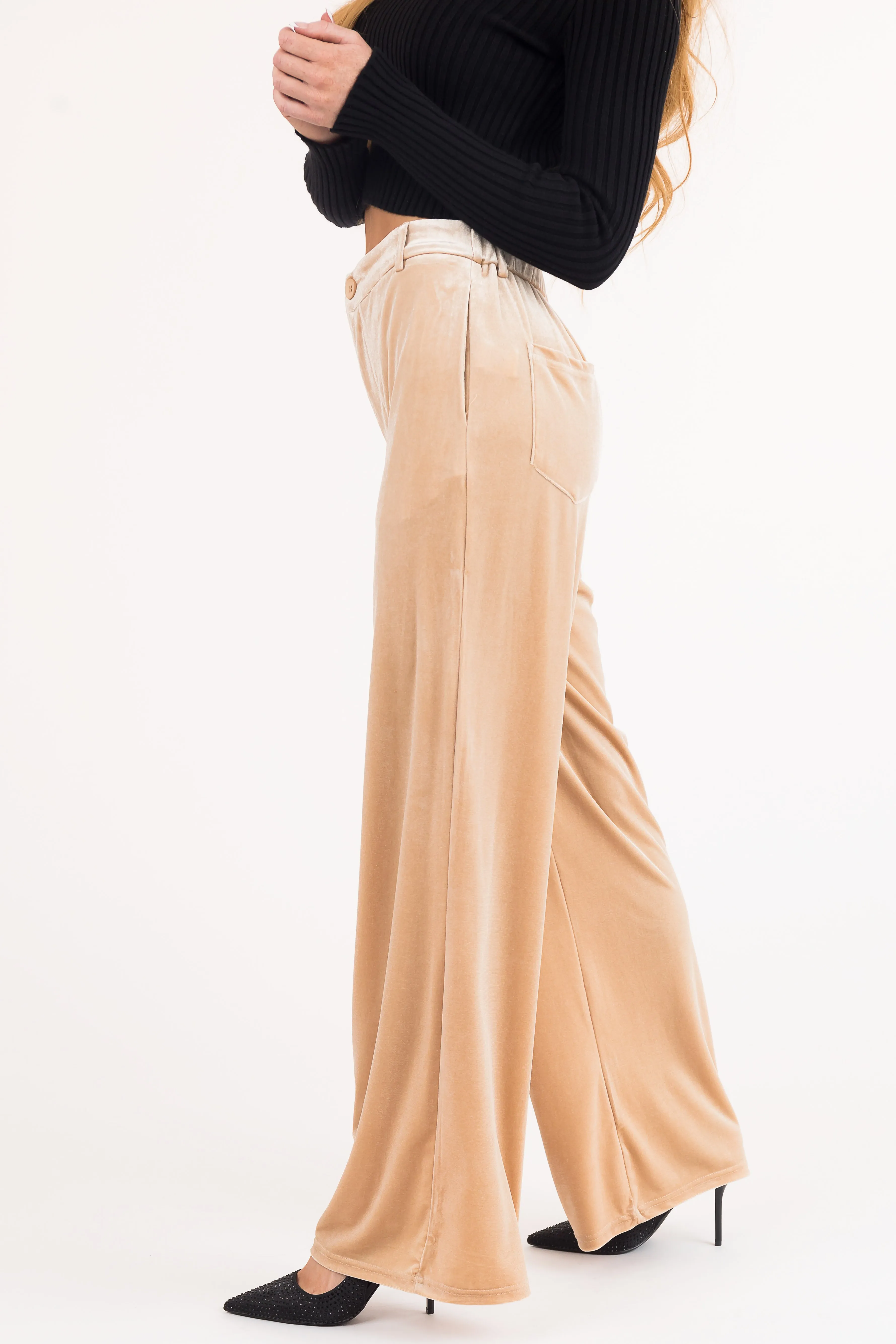 Champagne Velvet Wide Leg High Waisted Pants