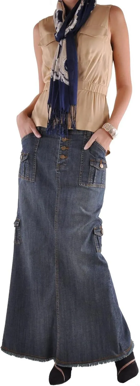 CHARTOU Women Retro Button Up Long Denim Jean Skirt Multi-Pocket Packaged Hip Frayed Maxi Skirt