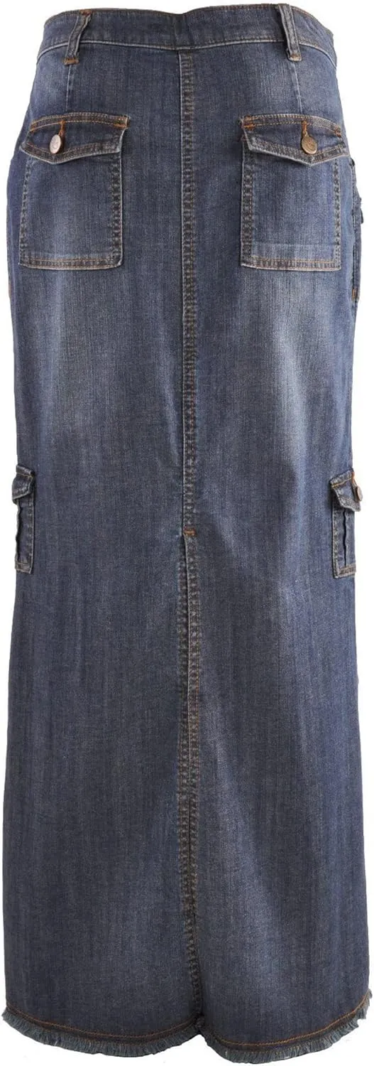 CHARTOU Women Retro Button Up Long Denim Jean Skirt Multi-Pocket Packaged Hip Frayed Maxi Skirt