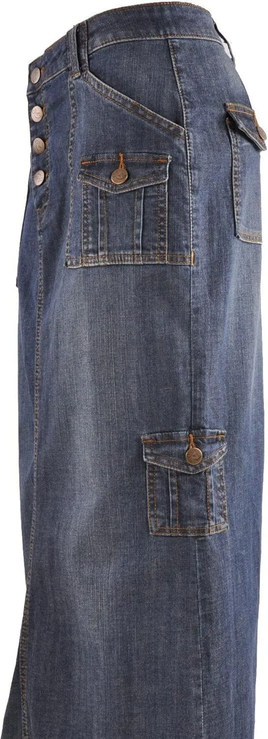 CHARTOU Women Retro Button Up Long Denim Jean Skirt Multi-Pocket Packaged Hip Frayed Maxi Skirt