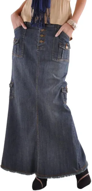 CHARTOU Women Retro Button Up Long Denim Jean Skirt Multi-Pocket Packaged Hip Frayed Maxi Skirt