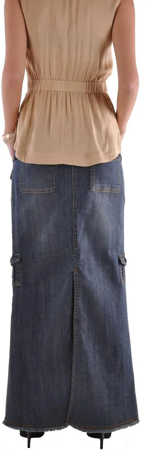 CHARTOU Women Retro Button Up Long Denim Jean Skirt Multi-Pocket Packaged Hip Frayed Maxi Skirt