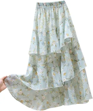 CHARTOU Women's Cute Chiffon Floral Print Tiered Flowy Pleated Midi A Line Skirt Ruffle Swing Skirt