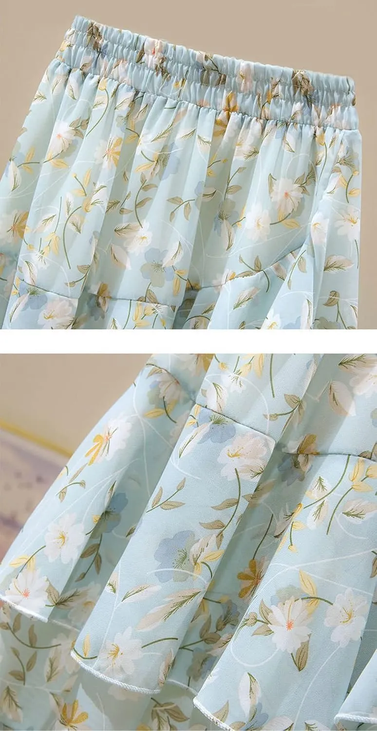 CHARTOU Women's Cute Chiffon Floral Print Tiered Flowy Pleated Midi A Line Skirt Ruffle Swing Skirt