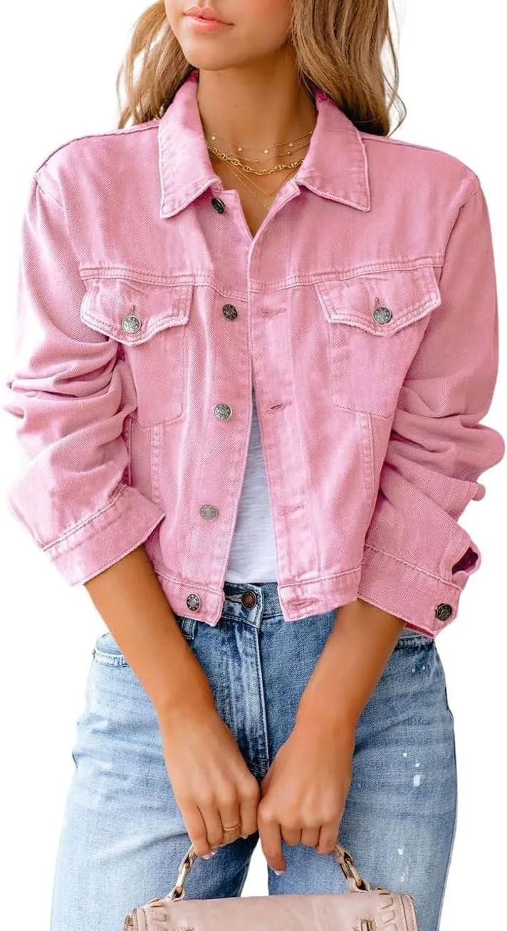 CHARTOU Women's Solid Candy Color Button Down Denim Cropped Jean Jacket Coat