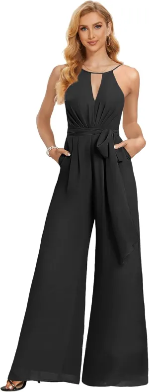 Chiffon Bridesmaid Jumpsuits for Wedding Halter Formal Dress with Pockets Wide Leg Long Pants