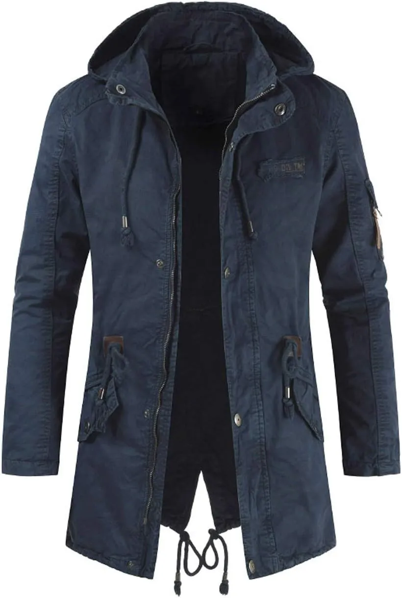 chouyatou Men's Spring Military Full-Zip Removable Hooded Cotton Mid-Long Parka Jacket Coat