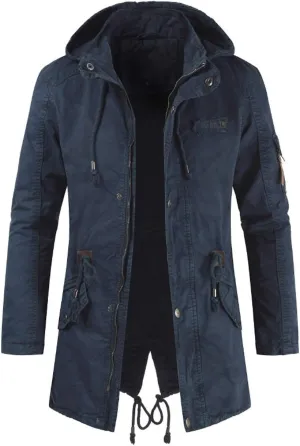 chouyatou Men's Spring Military Full-Zip Removable Hooded Cotton Mid-Long Parka Jacket Coat