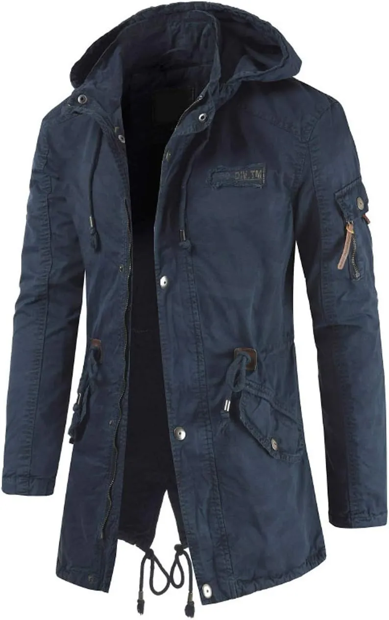 chouyatou Men's Spring Military Full-Zip Removable Hooded Cotton Mid-Long Parka Jacket Coat