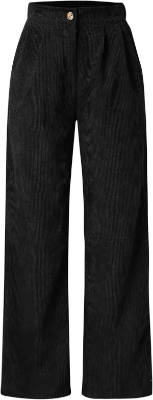Corduroy Pants for Women Vintage High Waisted Wide Leg Bell Bottom Pants Loose Comfort Casual Trousers with Pockets