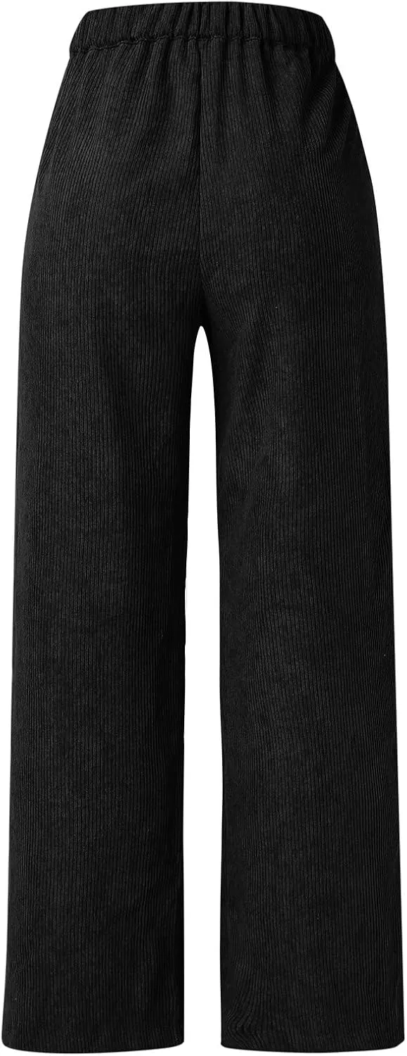Corduroy Pants for Women Vintage High Waisted Wide Leg Bell Bottom Pants Loose Comfort Casual Trousers with Pockets