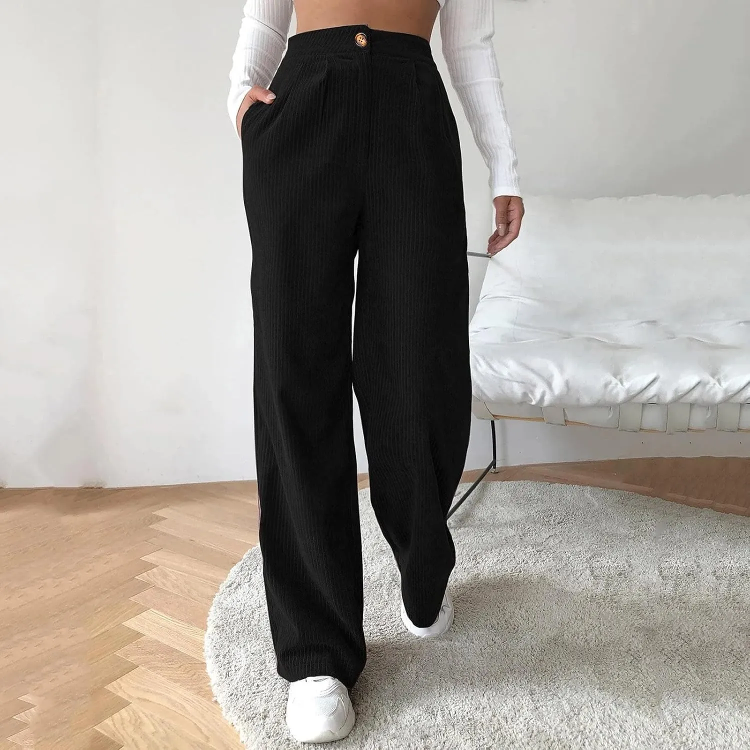 Corduroy Pants for Women Vintage High Waisted Wide Leg Bell Bottom Pants Loose Comfort Casual Trousers with Pockets