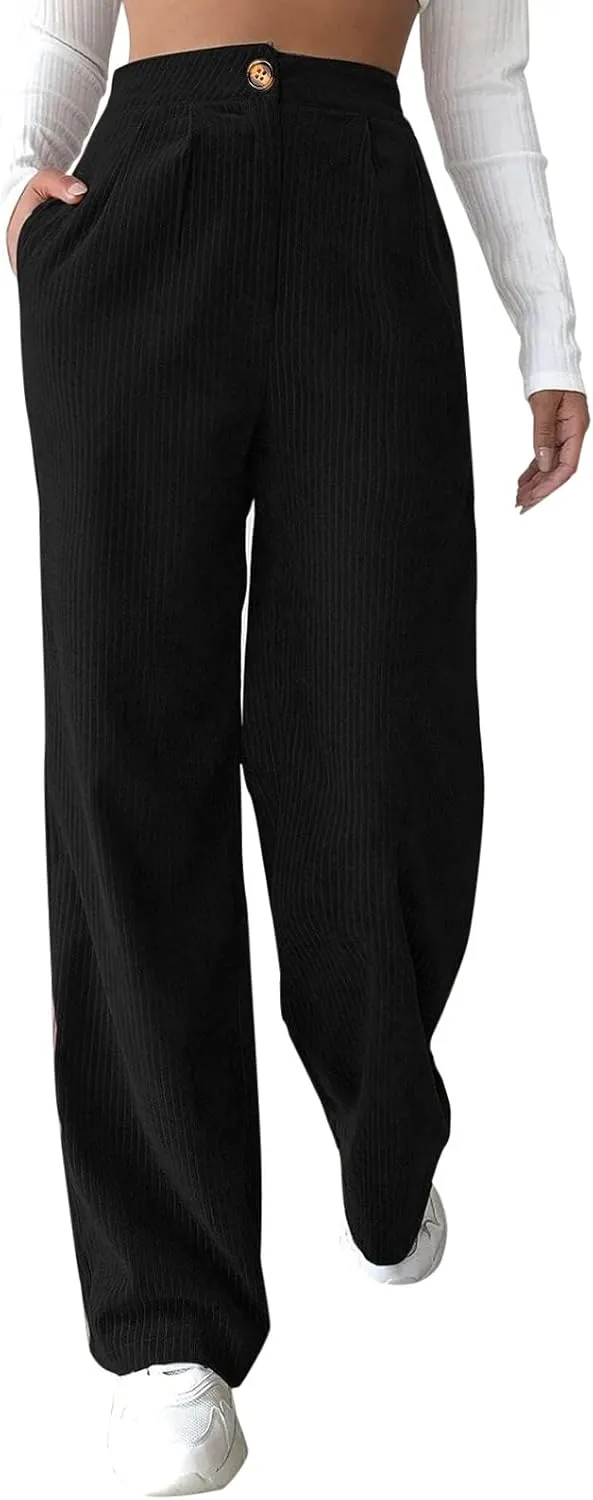 Corduroy Pants for Women Vintage High Waisted Wide Leg Bell Bottom Pants Loose Comfort Casual Trousers with Pockets