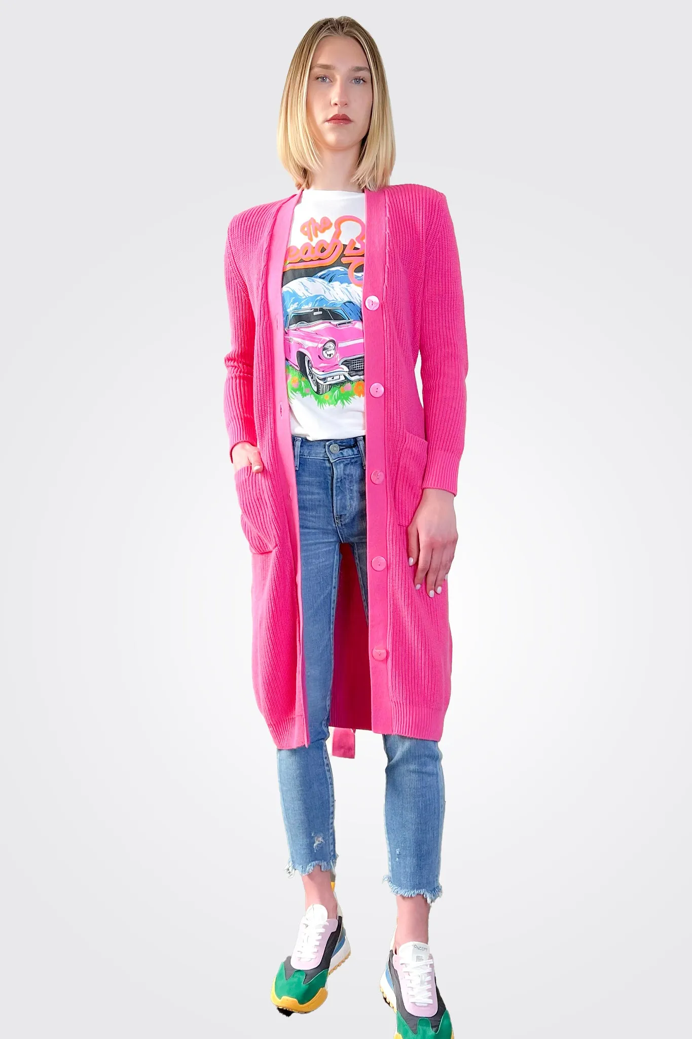 Cotton Cashmere Belted Ribbed Cardigan - Azalea