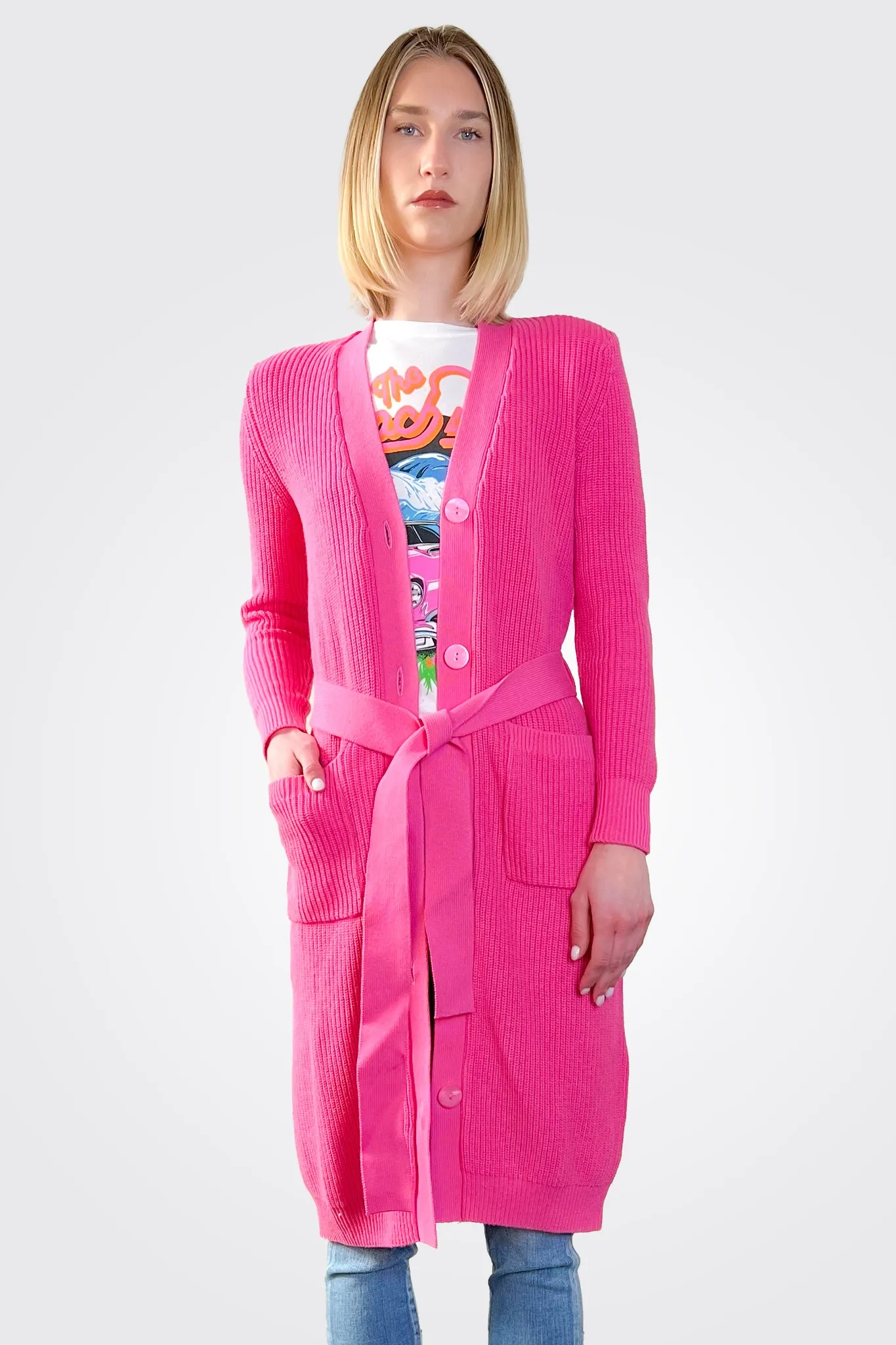 Cotton Cashmere Belted Ribbed Cardigan - Azalea