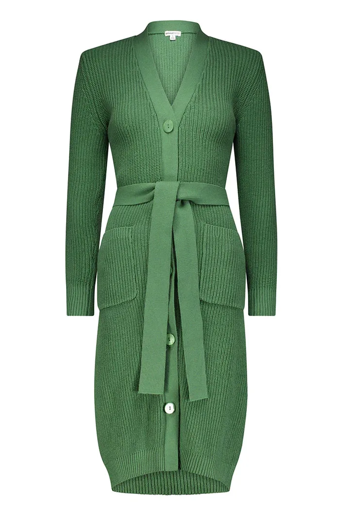 Cotton Cashmere Belted Ribbed Cardigan - Golf Green