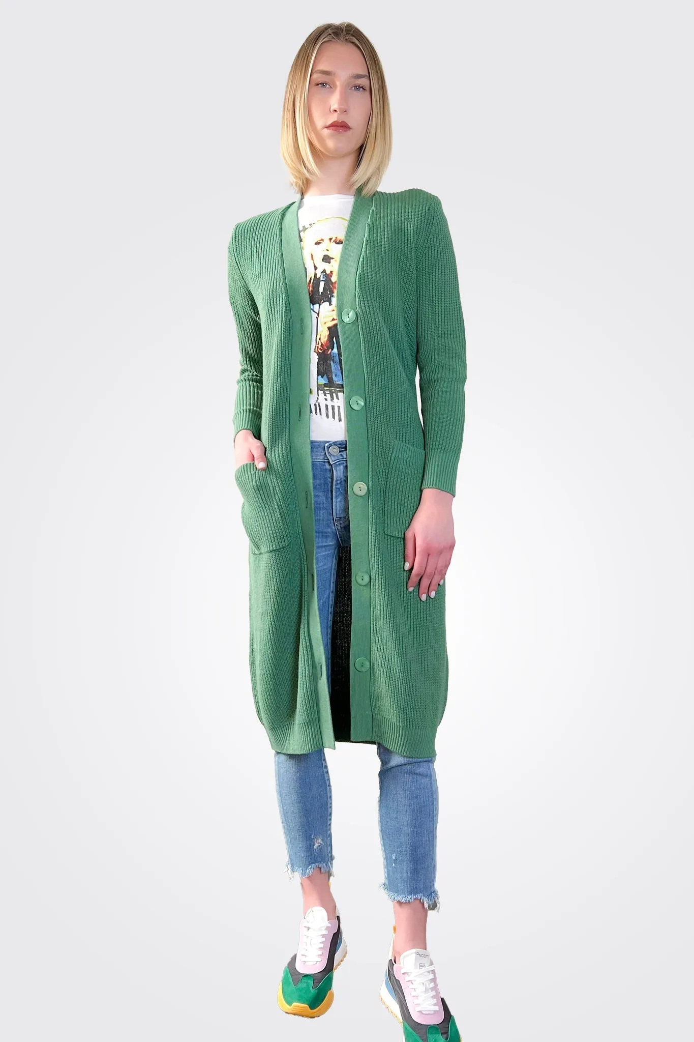 Cotton Cashmere Belted Ribbed Cardigan - Golf Green