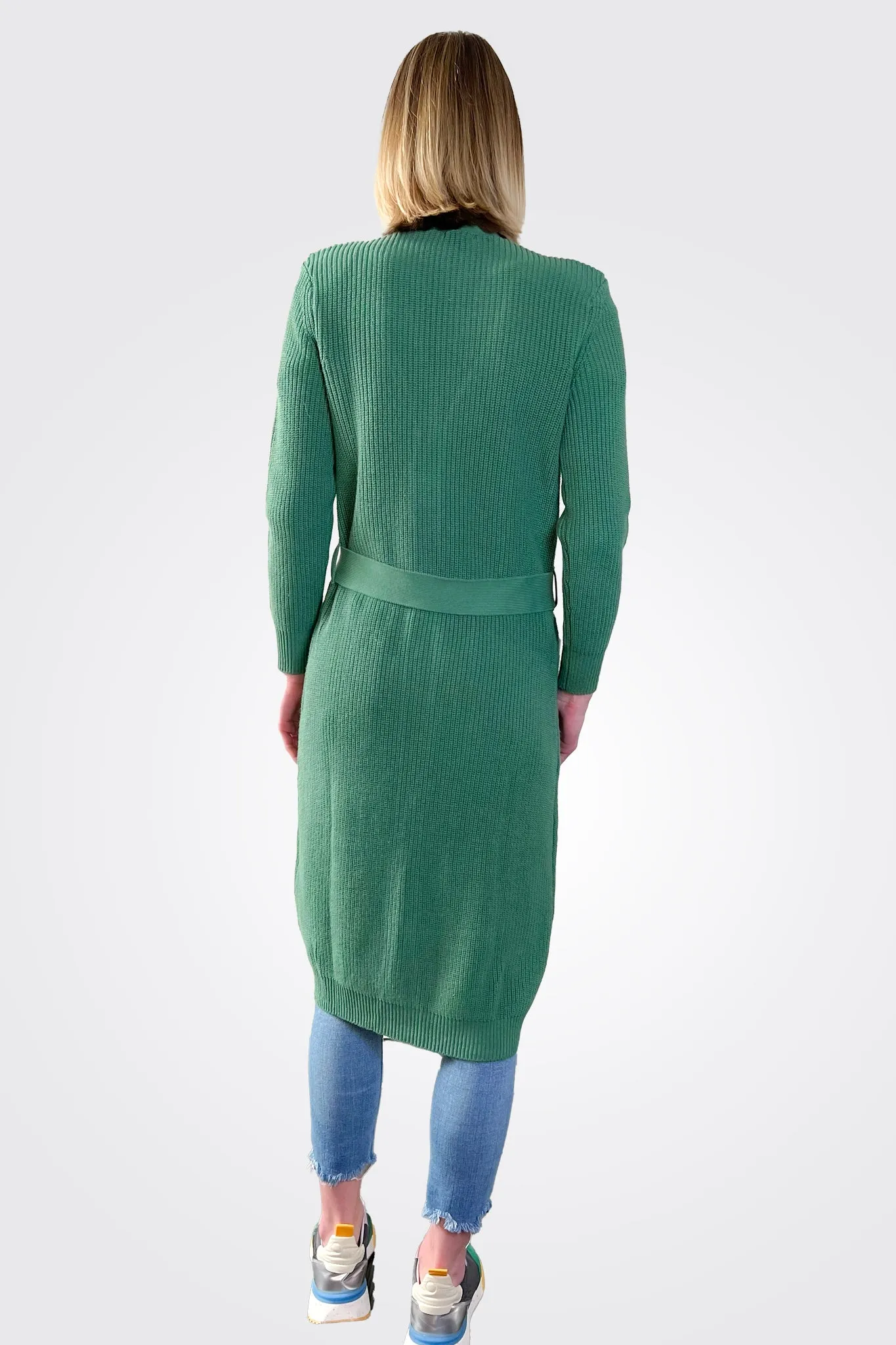 Cotton Cashmere Belted Ribbed Cardigan - Golf Green