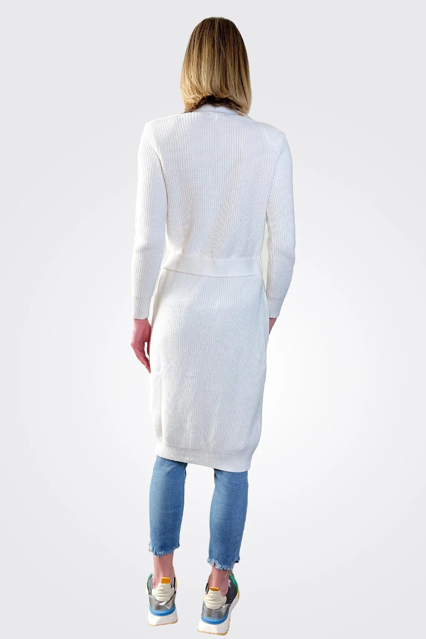 Cotton Cashmere Belted Ribbed Cardigan - White