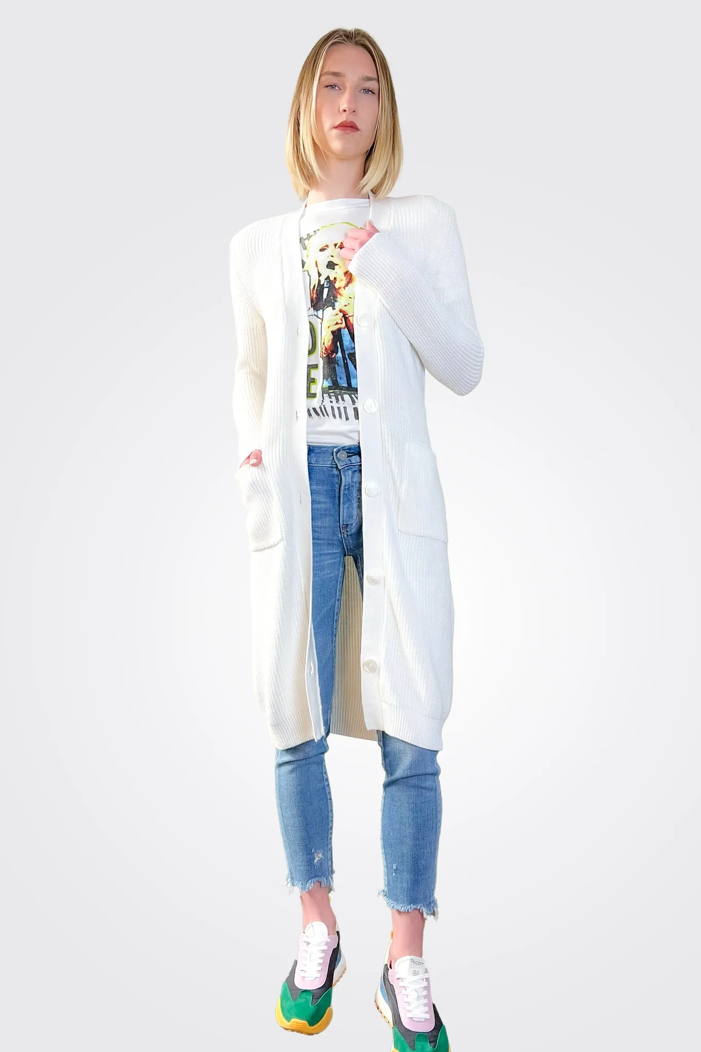 Cotton Cashmere Belted Ribbed Cardigan - White