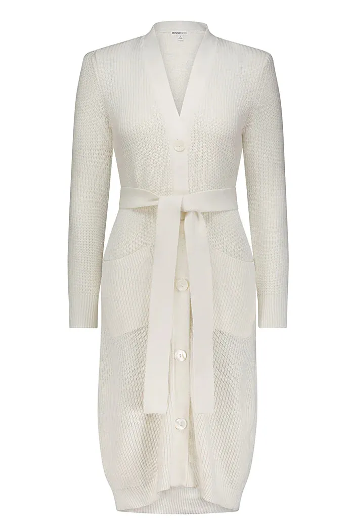 Cotton Cashmere Belted Ribbed Cardigan - White