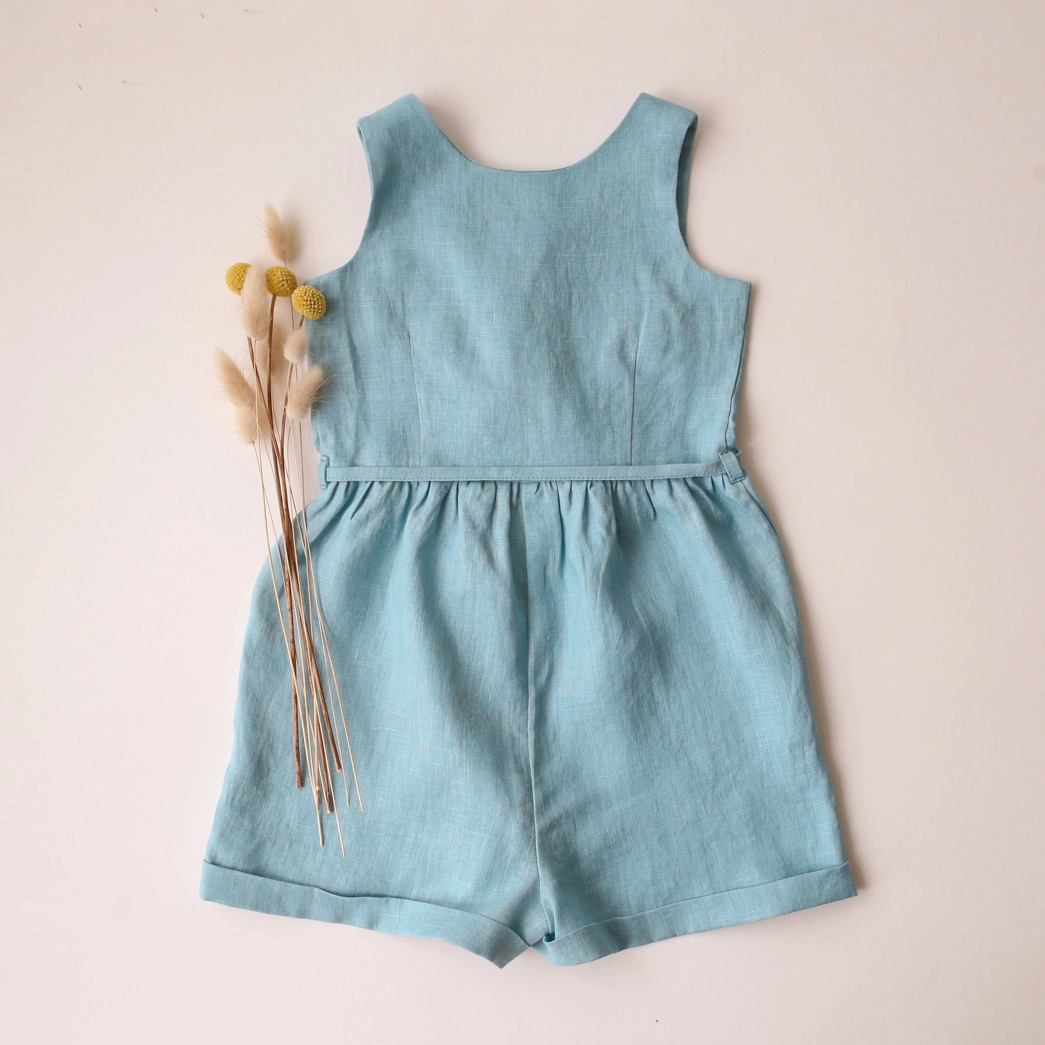 Duck Egg Blue Linen Belted Romper