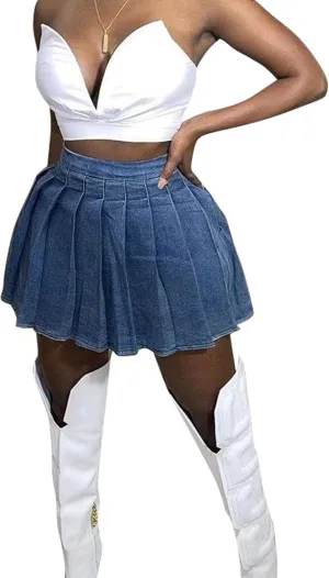 ECDAHICC Women's Denim Skirts High Waisted Jeans Mini Pleated Skirts Club Y2k Skater Short A-line Skirt Streetwear