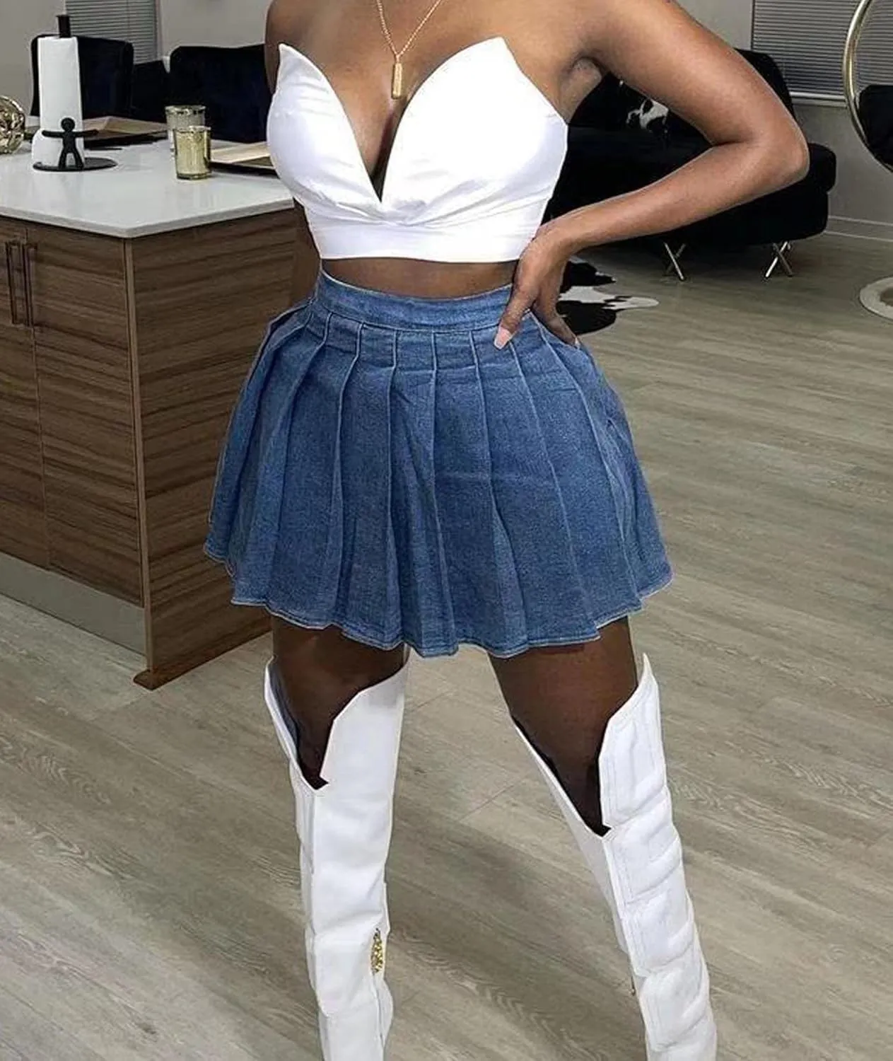 ECDAHICC Women's Denim Skirts High Waisted Jeans Mini Pleated Skirts Club Y2k Skater Short A-line Skirt Streetwear