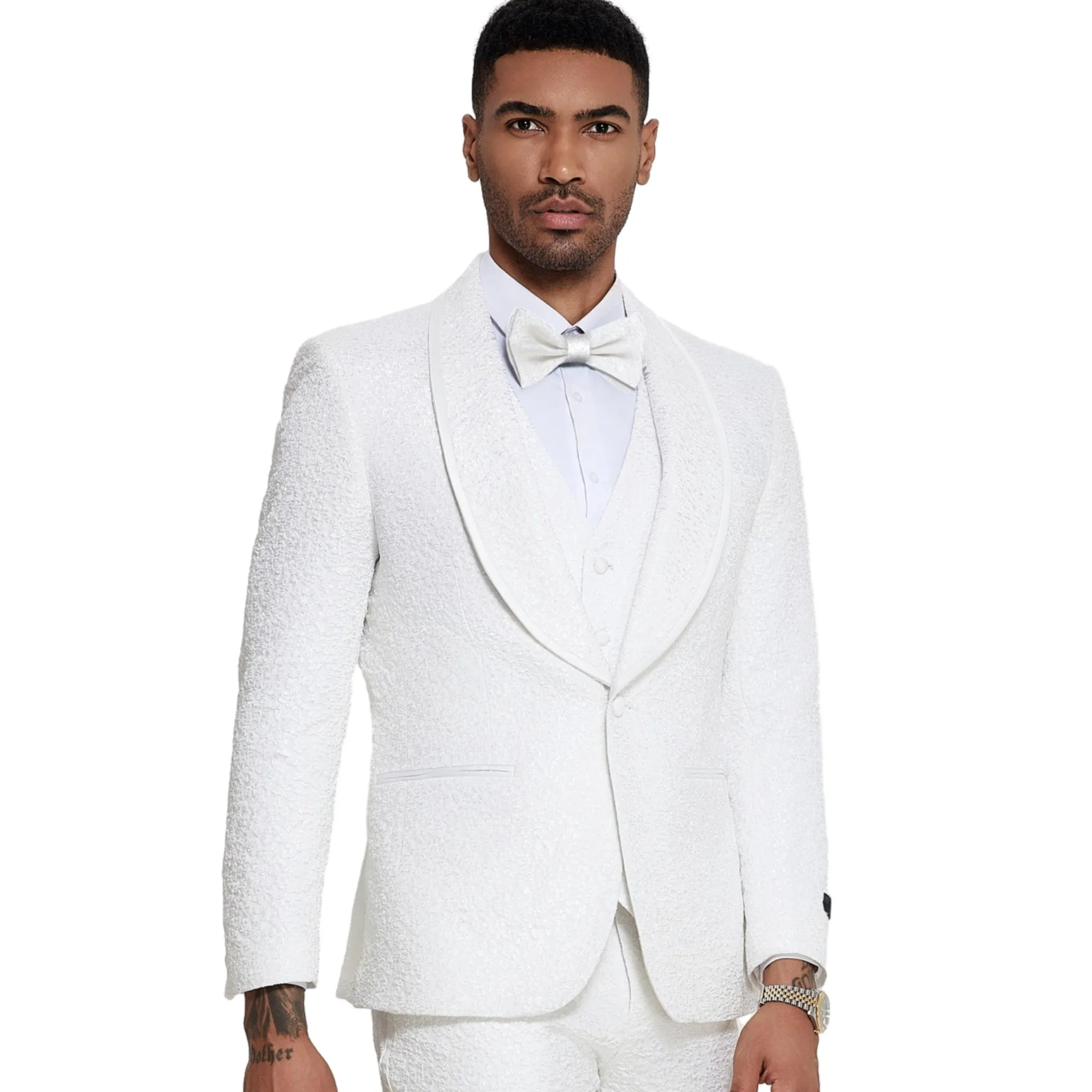Elegant All White Flower Tuxedo - A Dazzling Ensemble for 2023 Prom and Wedding Seasons
