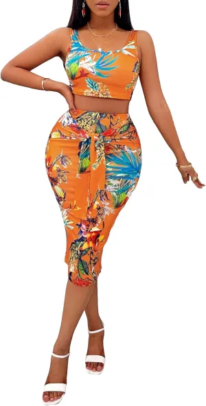Floerns Women's 2 Piece Outfit Scoop Neck Crop Tank Top Tie Front Pencil Skirt Set