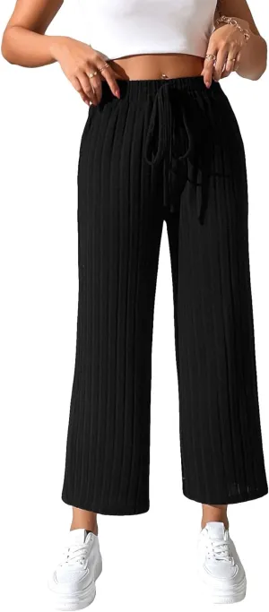 Floerns Women's Drawstring High Waist Ribbed Knit Loose Fit Solid Wide Leg Pants