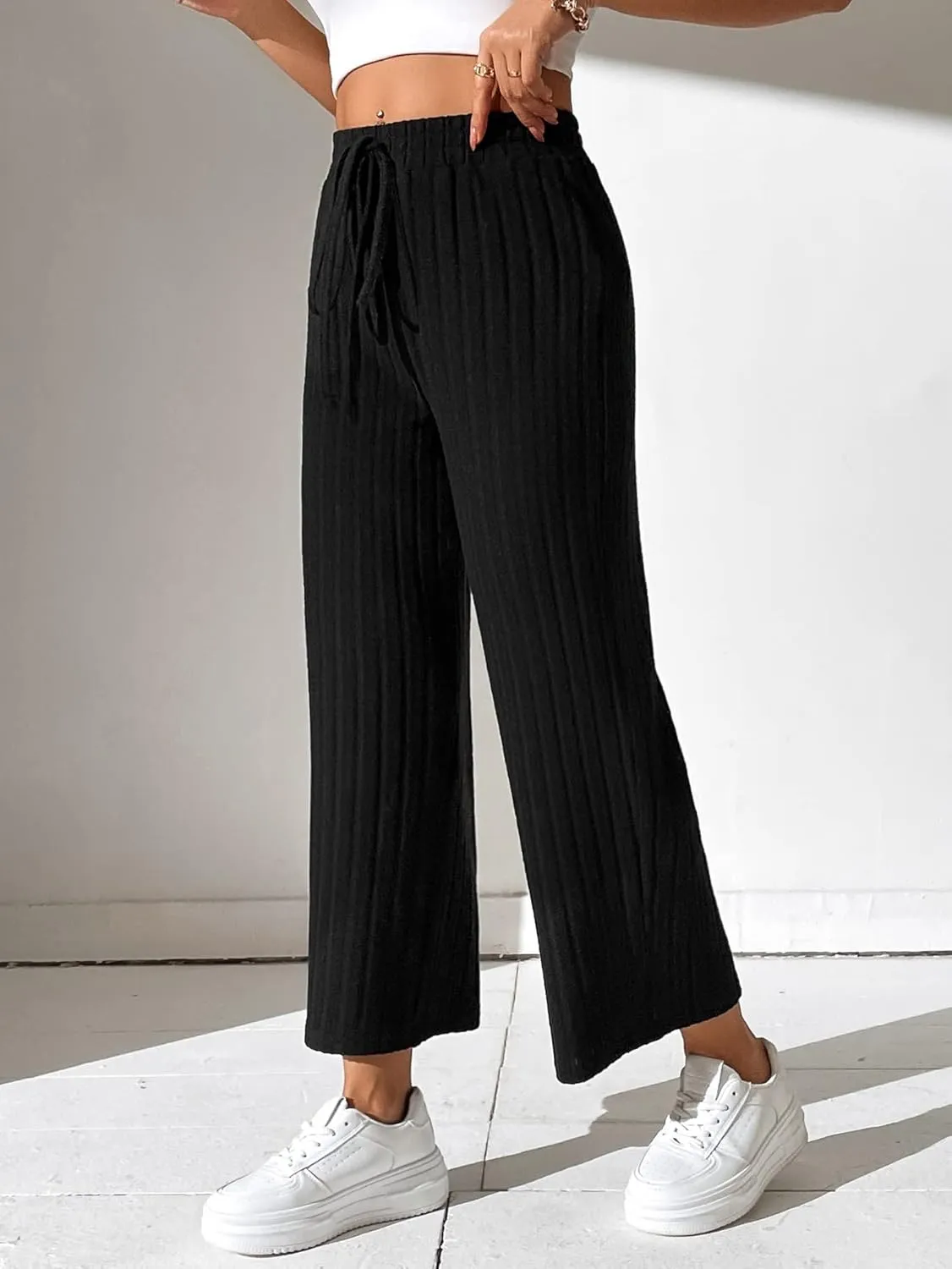 Floerns Women's Drawstring High Waist Ribbed Knit Loose Fit Solid Wide Leg Pants
