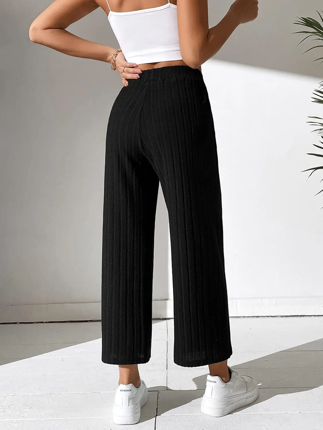 Floerns Women's Drawstring High Waist Ribbed Knit Loose Fit Solid Wide Leg Pants