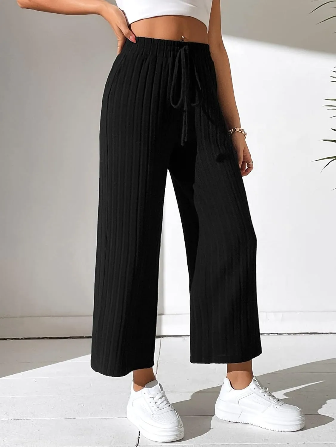 Floerns Women's Drawstring High Waist Ribbed Knit Loose Fit Solid Wide Leg Pants
