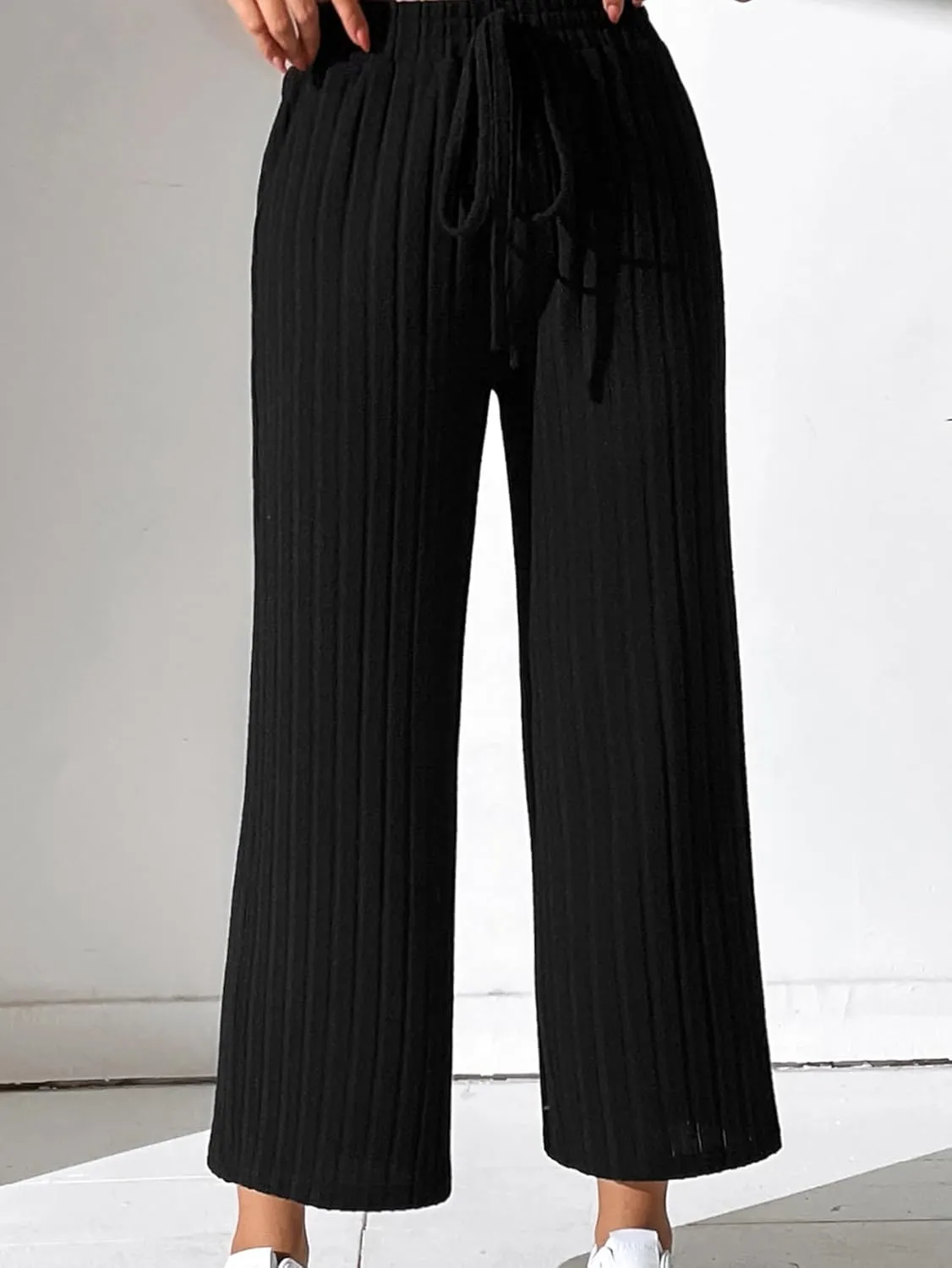 Floerns Women's Drawstring High Waist Ribbed Knit Loose Fit Solid Wide Leg Pants