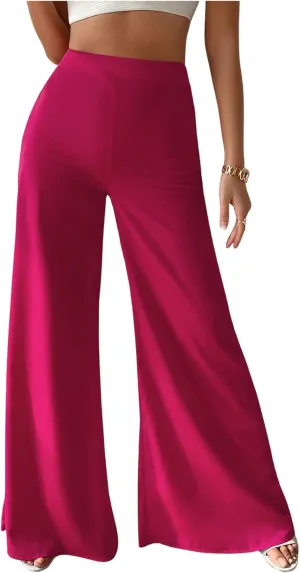 Floerns Women's Solid High Waist Wide Leg Zip Fly Casual Flare Long Pants