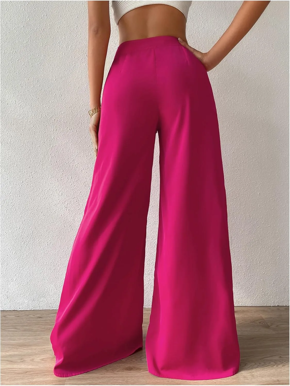 Floerns Women's Solid High Waist Wide Leg Zip Fly Casual Flare Long Pants