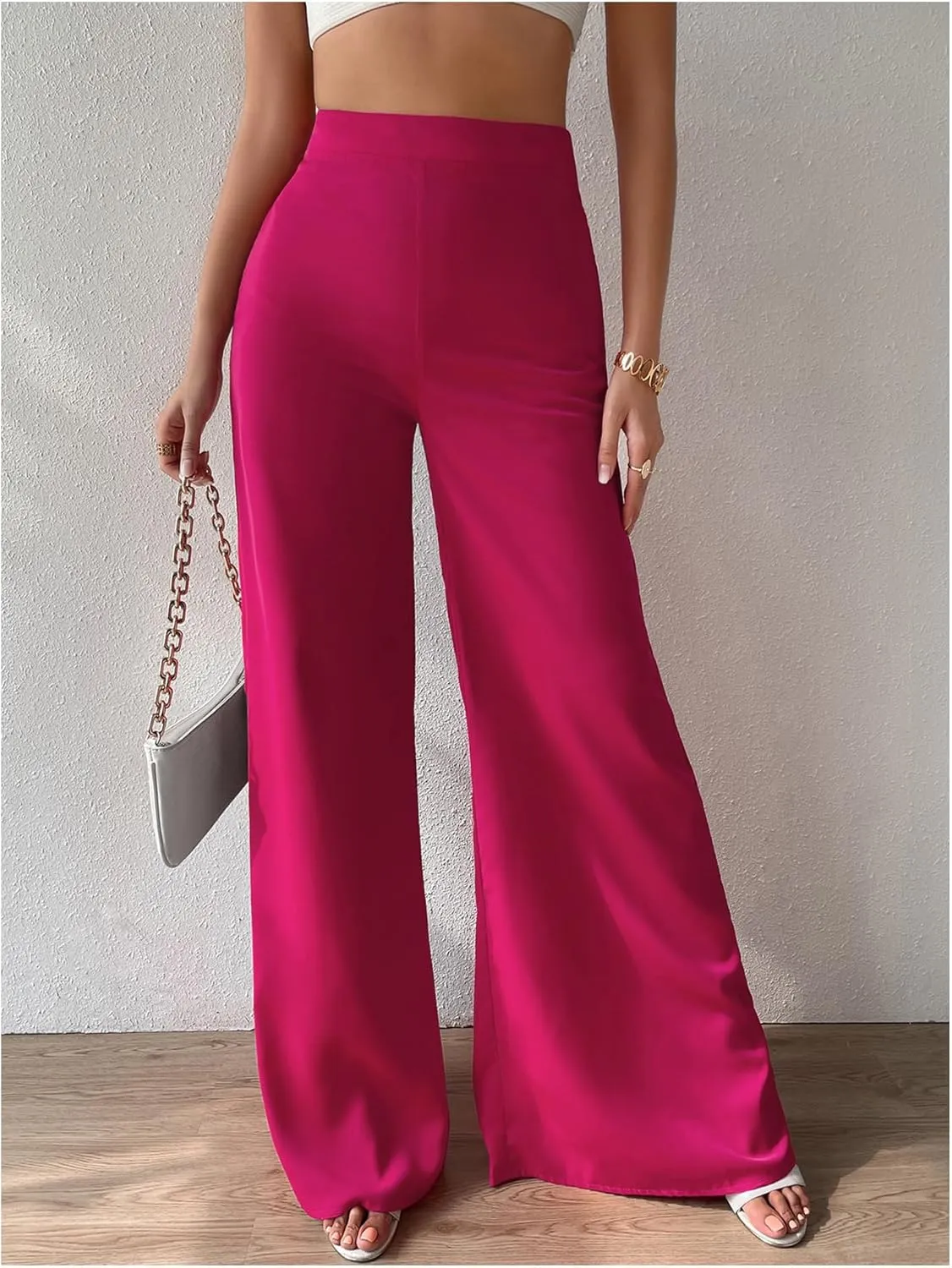Floerns Women's Solid High Waist Wide Leg Zip Fly Casual Flare Long Pants